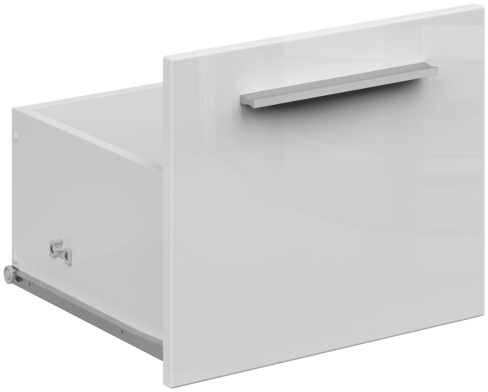 Weiße Schublade mit silbernem Griff, seitliche Perspektive