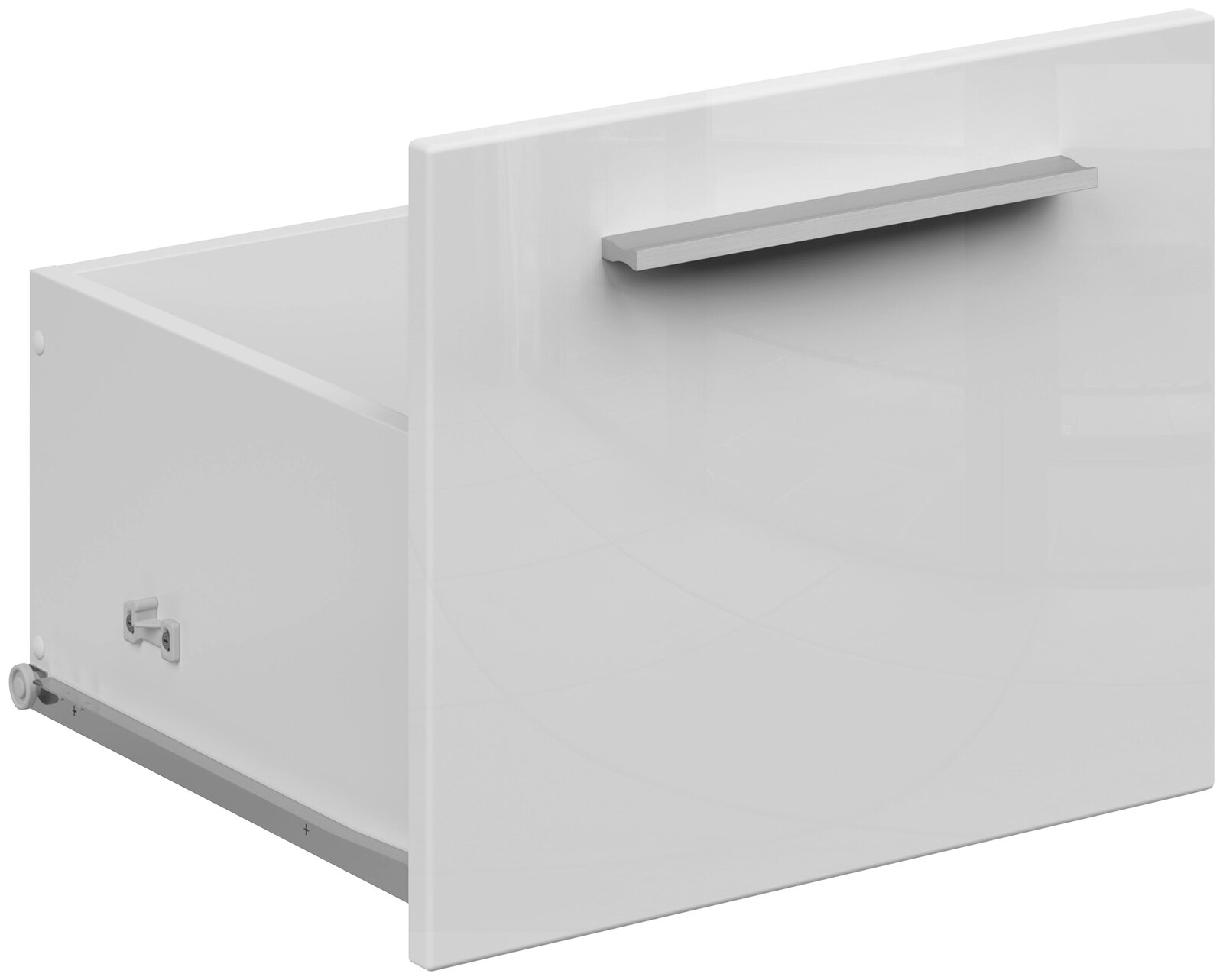 Weiße Schublade mit silbernem Griff, seitliche Perspektive
