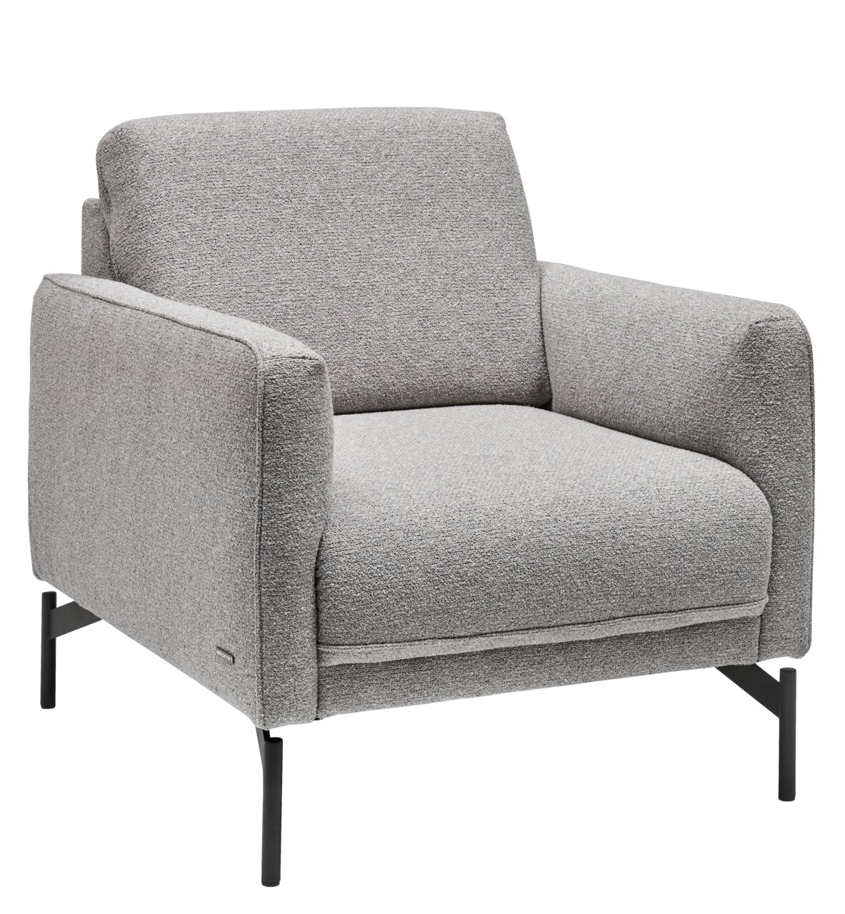 Grauer Sessel mit modernen Metallbeinen, seitliche Perspektive