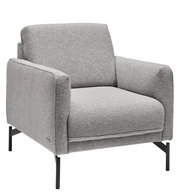 Grauer Sessel mit modernen Metallbeinen, seitliche Perspektive