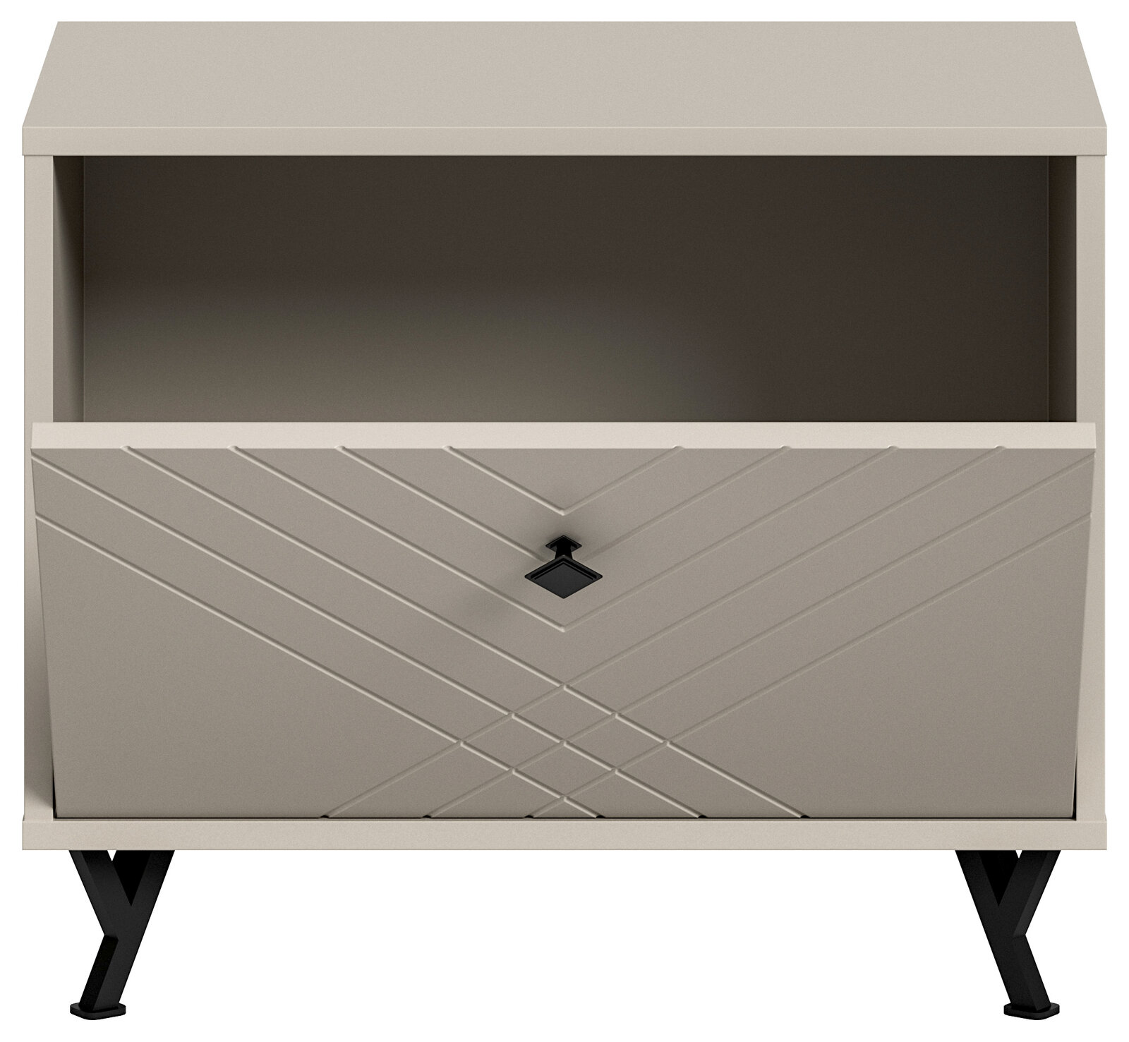 Frontale Ansicht einer modernen Sitzbank mit Stauraum, geometrischem Muster und schwarzen Beinen.