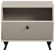 Frontale Ansicht einer modernen Sitzbank mit Stauraum, geometrischem Muster und schwarzen Beinen.