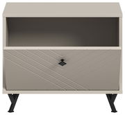 Frontale Ansicht einer modernen Sitzbank mit Stauraum, geometrischem Muster und schwarzen Beinen.