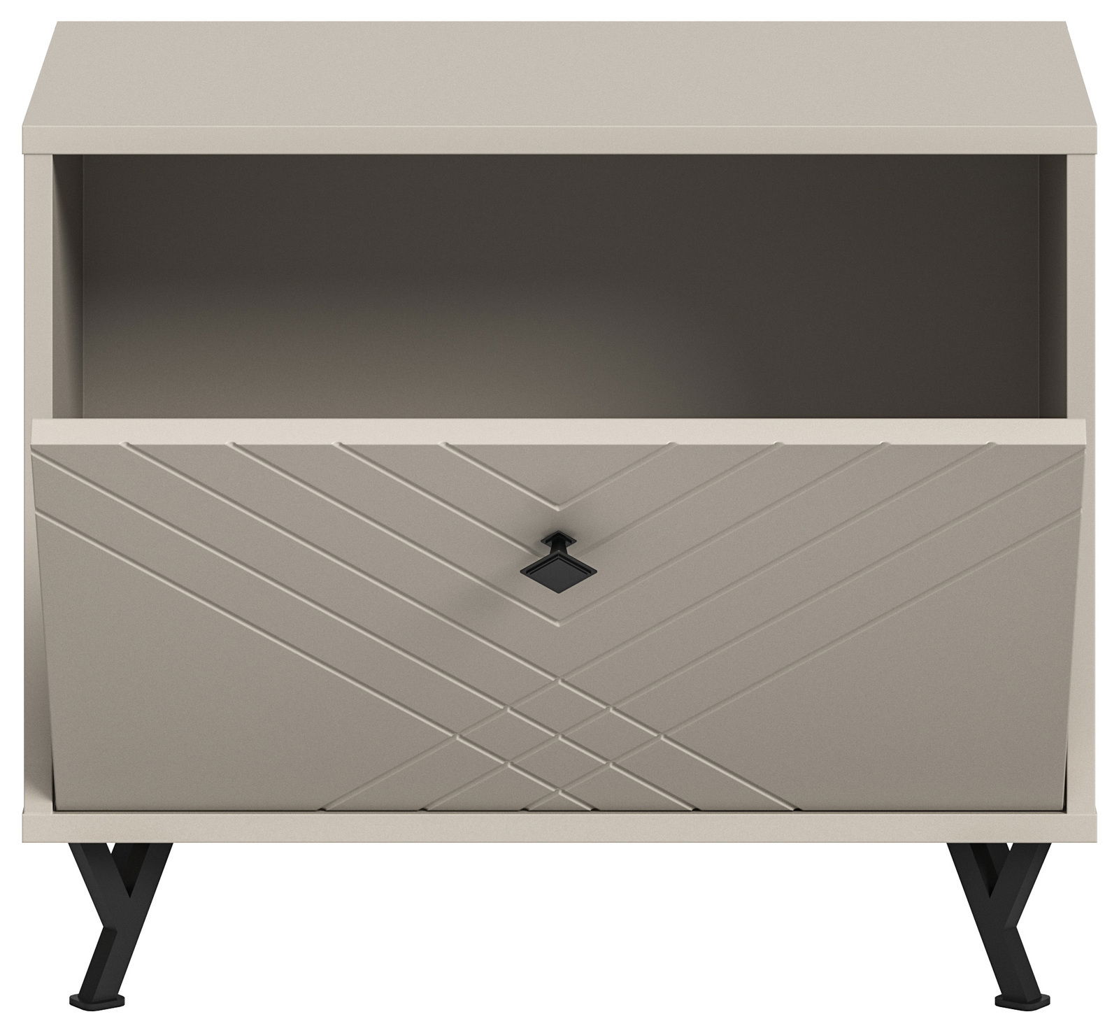 Frontale Ansicht einer modernen Sitzbank mit Stauraum, geometrischem Muster und schwarzen Beinen.