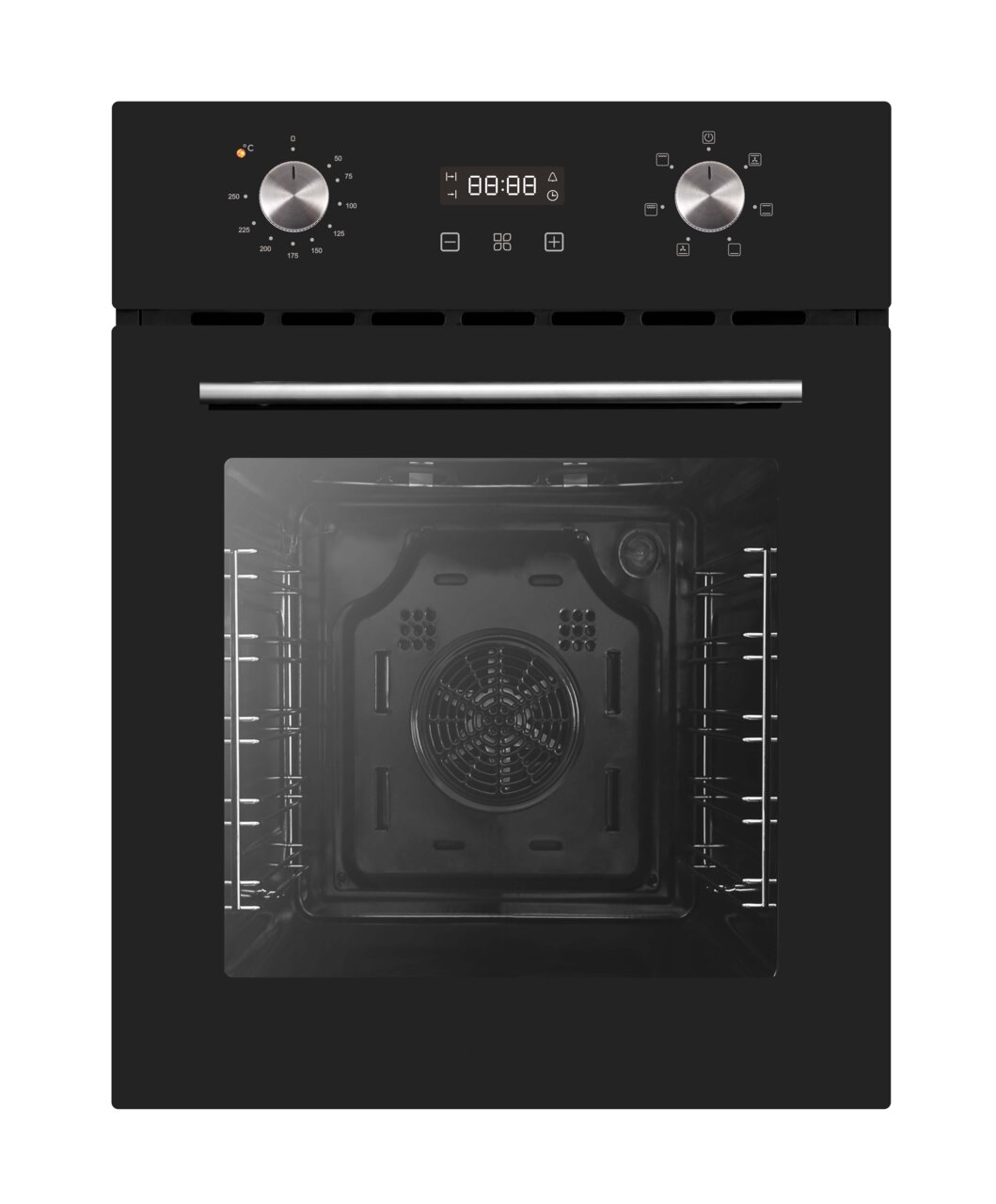 Schwarzer Einbau-Backofen mit zwei Drehknöpfen und digitalem Display, Frontansicht