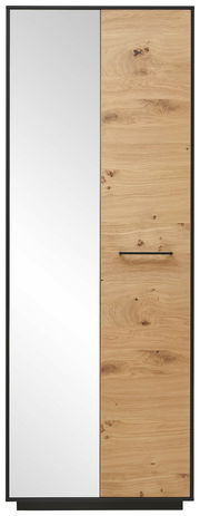 Moderner Dielenschrank mit einer Kombination aus Holz- und Spiegeltür, Frontalansicht.