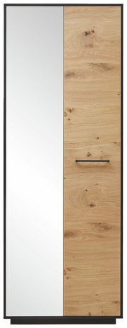 Moderner Dielenschrank mit einer Kombination aus Holz- und Spiegeltür, Frontalansicht.