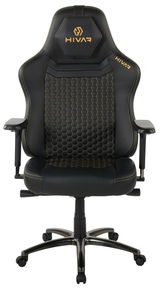 Schwarzer Gaming-Stuhl mit gelben Nähten und hexagonalem Muster, Vorderansicht