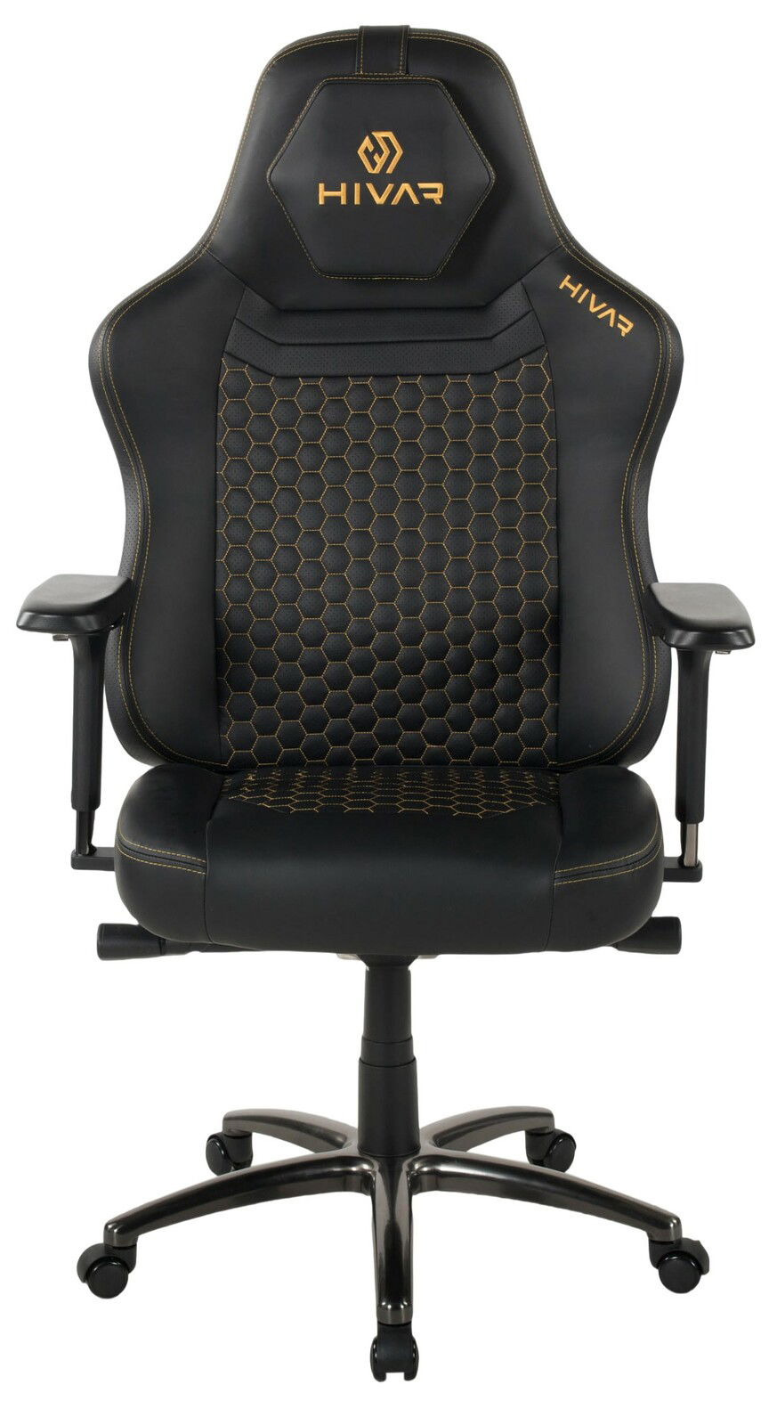 Schwarzer Gaming-Stuhl mit gelben Nähten und hexagonalem Muster, Vorderansicht