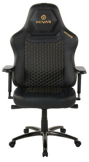 Schwarzer Gaming-Stuhl mit gelben Nähten und hexagonalem Muster, Vorderansicht