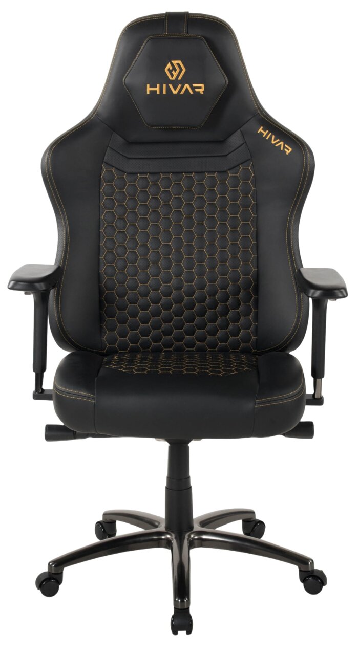 Schwarzer Gaming-Stuhl mit gelben Nähten und hexagonalem Muster, Vorderansicht
