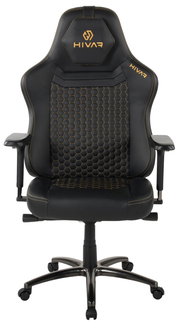 Schwarzer Gaming-Stuhl mit gelben Nähten und hexagonalem Muster, Vorderansicht