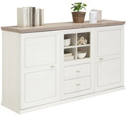 Wit dressoir met houten blad, twee deuren, twee lades en open vakken, zijaanzicht