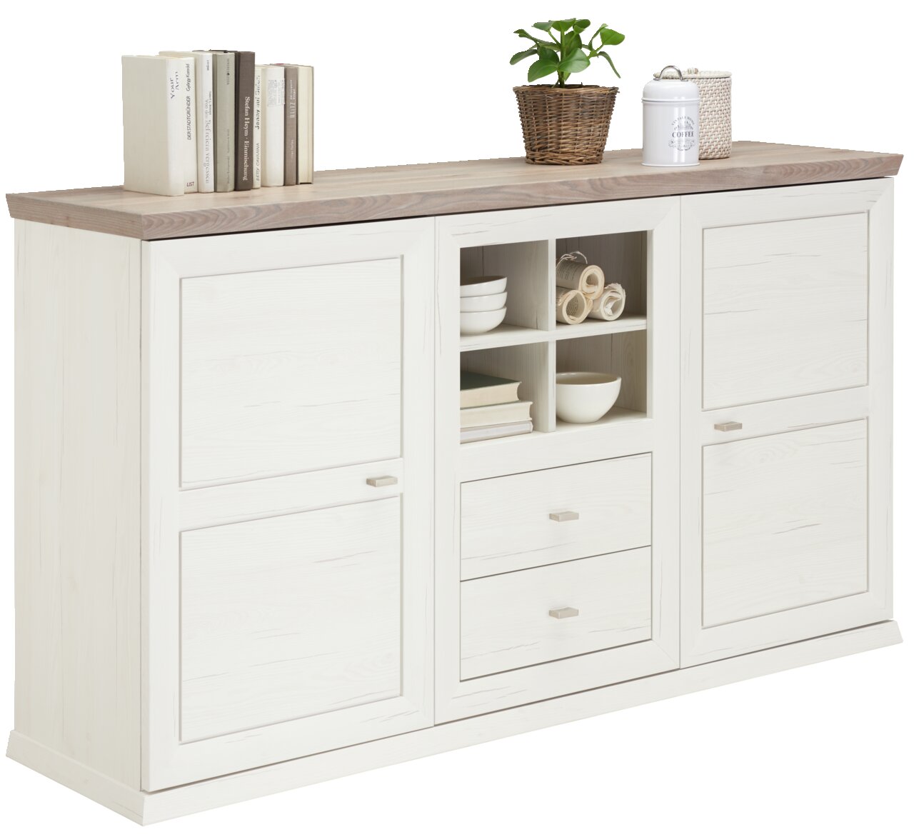 Hom´in Sideboard CAMRON Weißes Sideboard mit Holzplatte, zwei Türen, zwei Schubladen und offenen Regalfächern, seitliche Perspektive