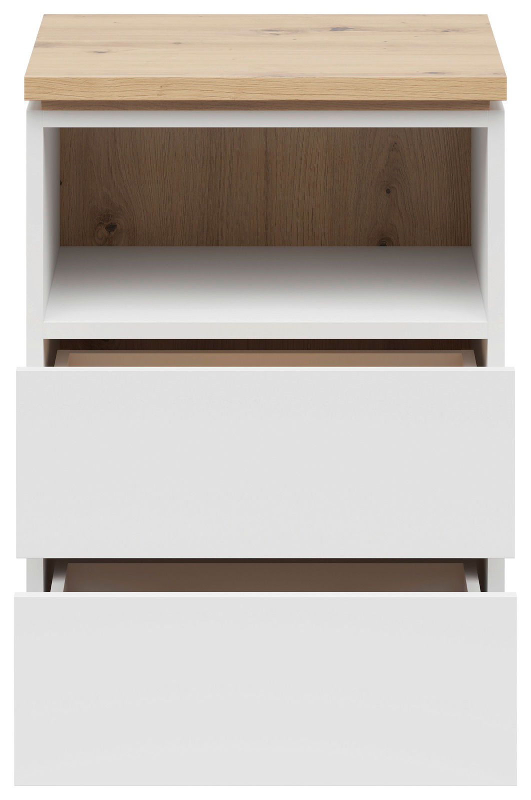 Frontansicht einer modernen Nachtkommode mit zwei offenen Schubladen und einem offenen Fach, weiße Fronten und eine Holzoberfläche.