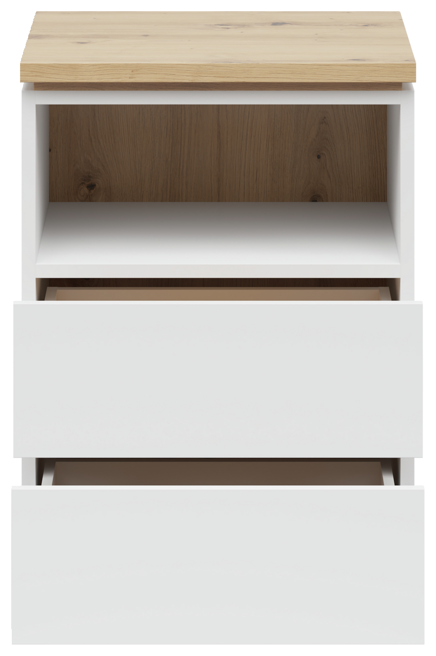 Frontansicht einer modernen Nachtkommode mit zwei offenen Schubladen und einem offenen Fach, weiße Fronten und eine Holzoberfläche.