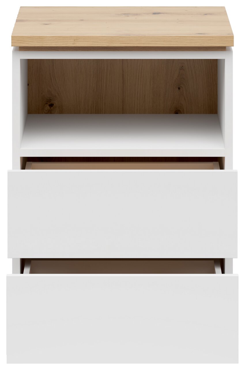Frontansicht einer modernen Nachtkommode mit zwei offenen Schubladen und einem offenen Fach, weiße Fronten und eine Holzoberfläche.