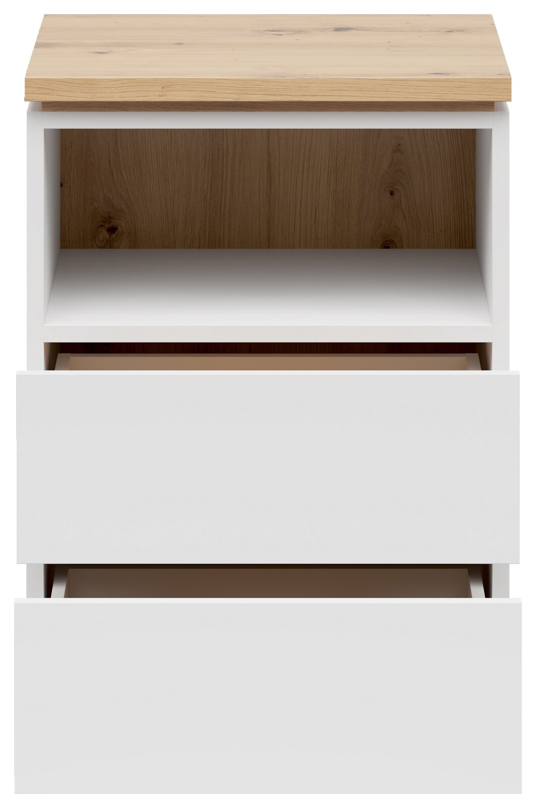 Frontansicht einer modernen Nachtkommode mit zwei offenen Schubladen und einem offenen Fach, weiße Fronten und eine Holzoberfläche.