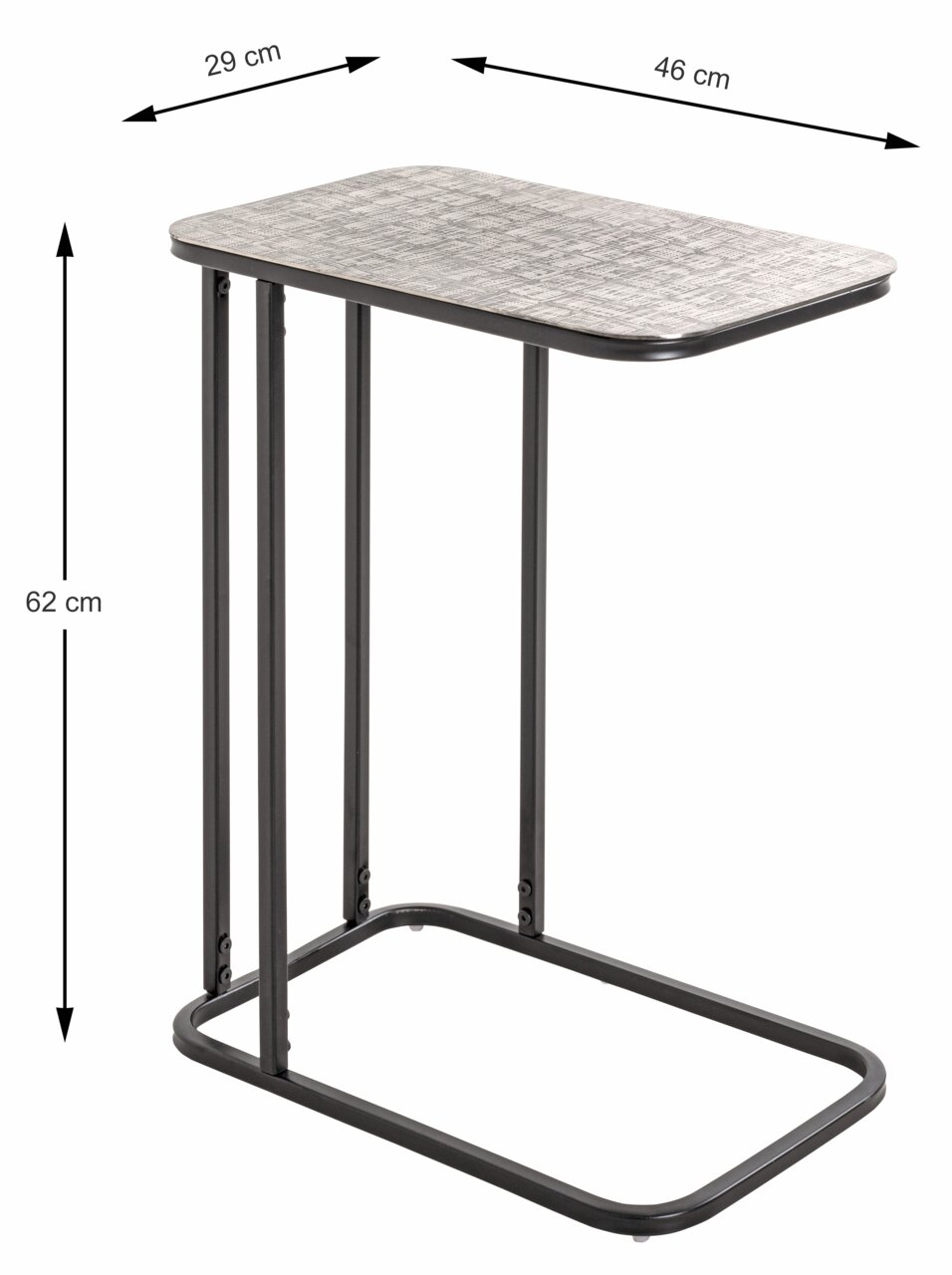 Moderner Beistelltisch mit rechteckiger Tischplatte und schwarzem Metallgestell, seitliche Perspektive.