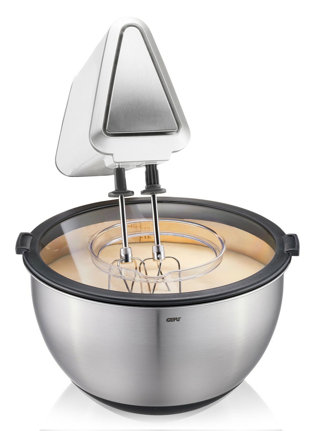 Schüssel-Set mit Spritzschutzdeckel und Rührgerät, seitliche Perspektive