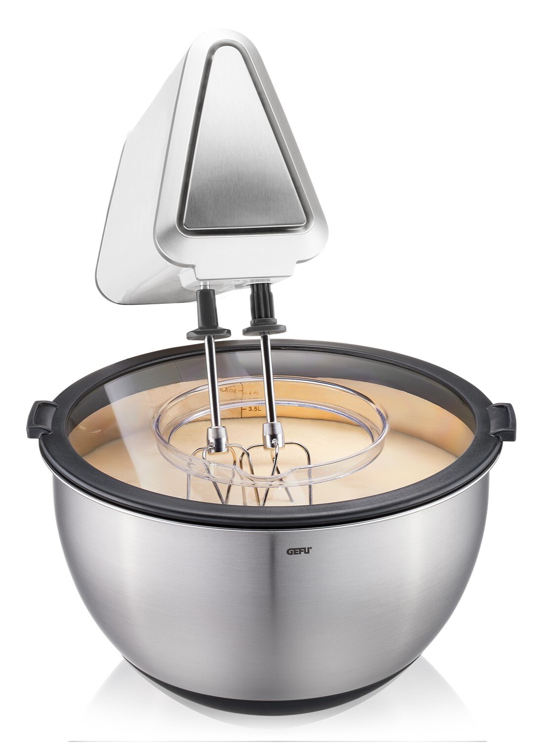 Schüssel-Set mit Spritzschutzdeckel und Rührgerät, seitliche Perspektive