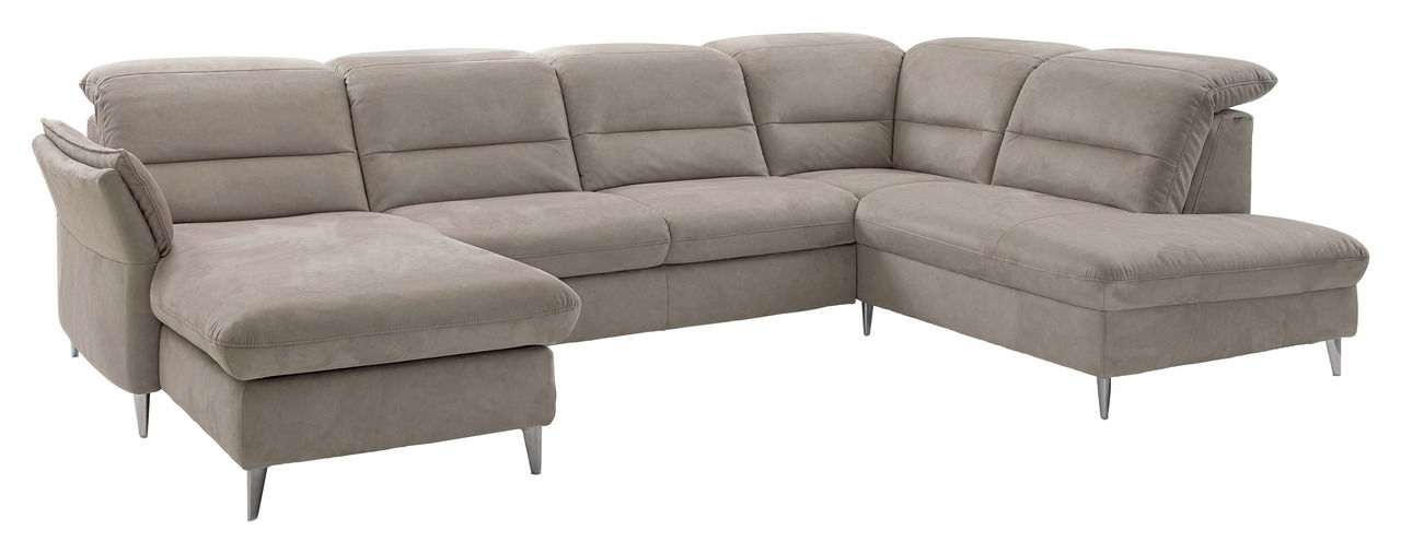 Beige Polsterrundecke in L-Form mit Metallfüßen, seitliche Perspektive
