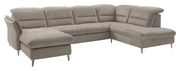 Beige Polsterrundecke in L-Form mit Metallfüßen, seitliche Perspektive