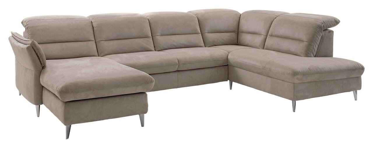 Beige Polsterrundecke in L-Form mit Metallfüßen, seitliche Perspektive