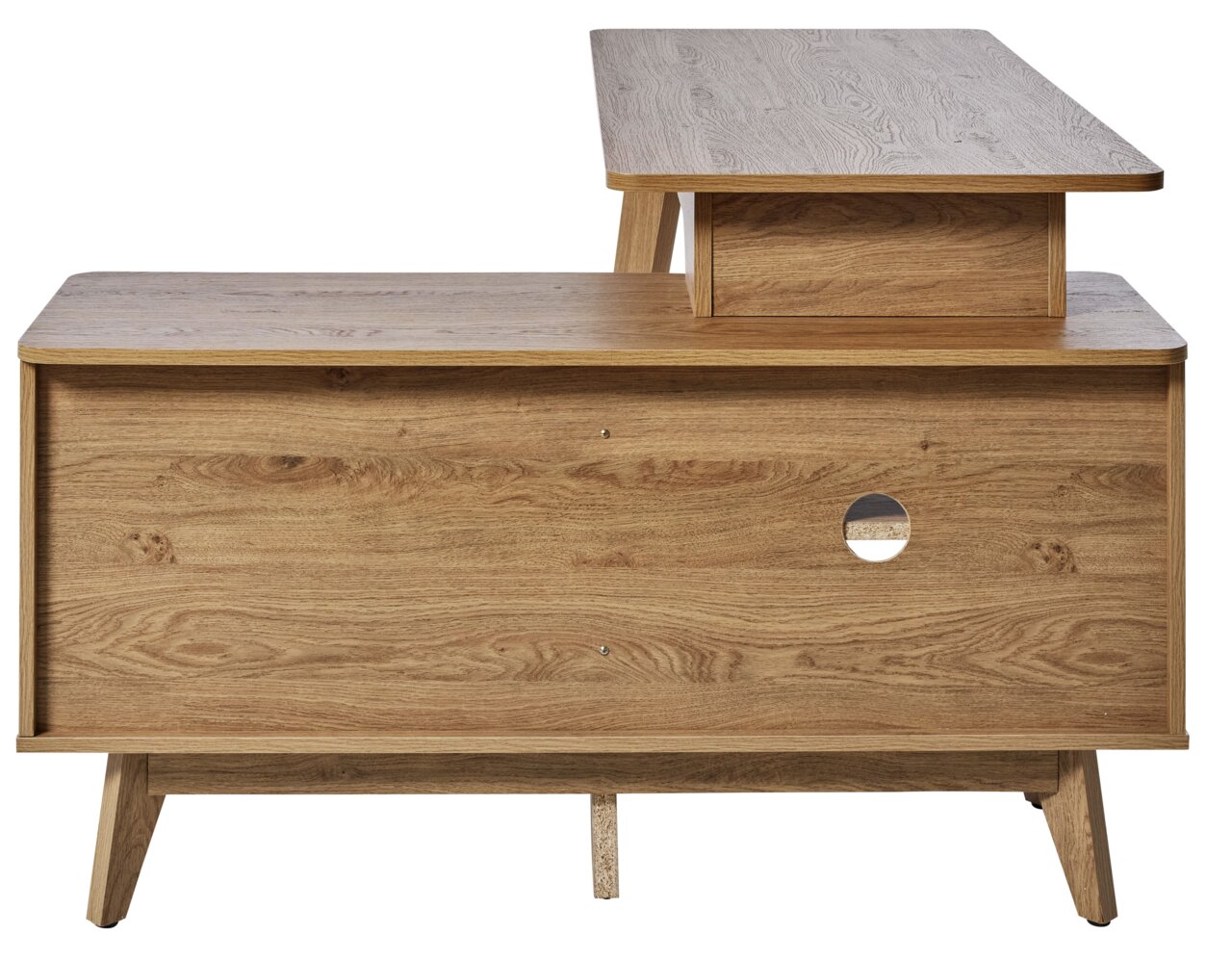 Eck-Schreibtisch aus Holz in Frontansicht mit erhöhtem Regalaufsatz