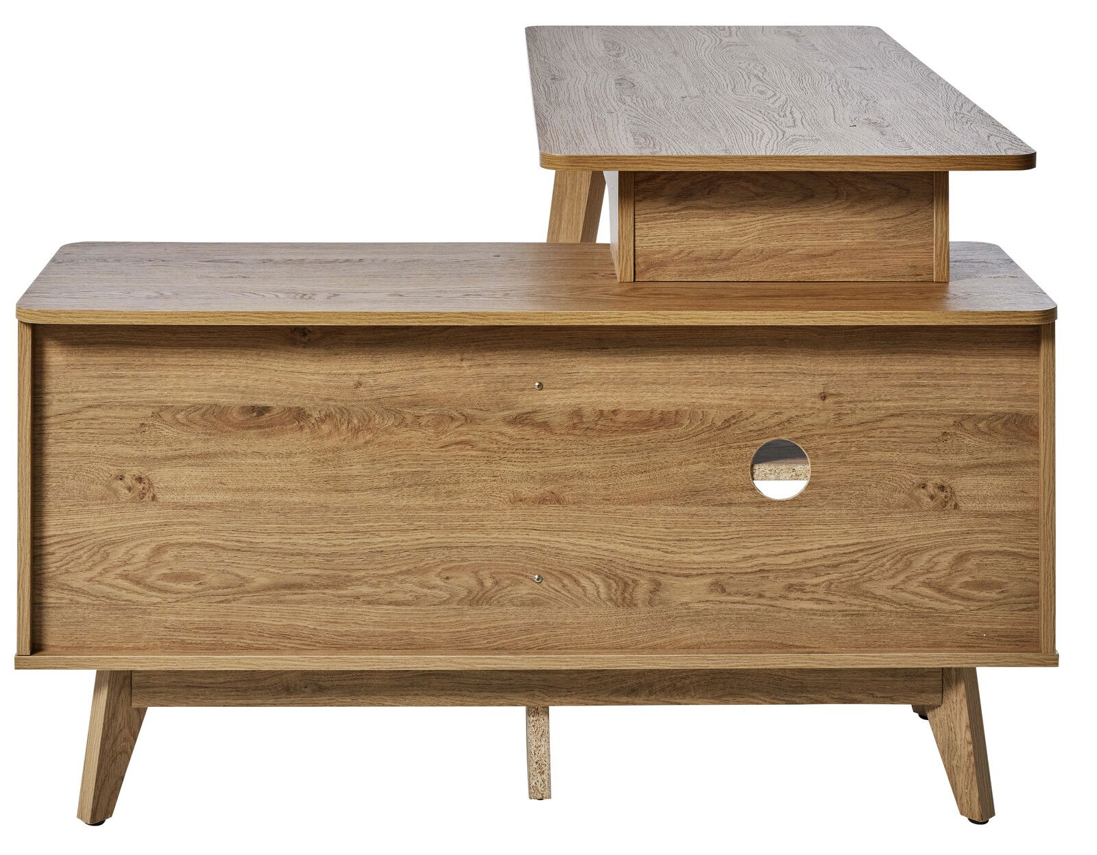 Eck-Schreibtisch aus Holz in Frontansicht mit erhöhtem Regalaufsatz