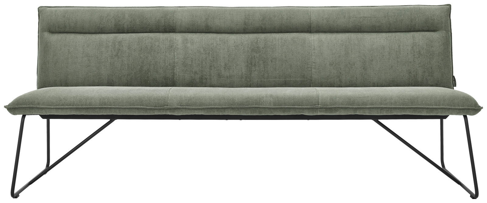 Grüne Sitzbank mit Stoffbezug und Metallbeinen, Frontalansicht