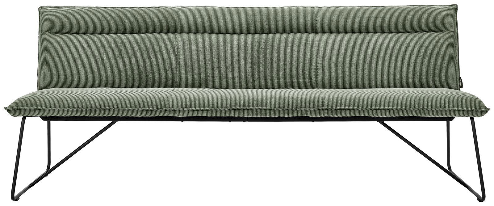 Grüne Sitzbank mit Stoffbezug und Metallbeinen, Frontalansicht