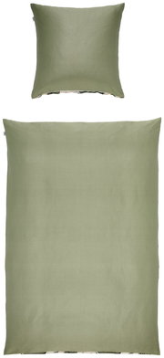 Olivgrüner Kissenbezug und passender Bettbezug aus glattem Stoff, frontal von oben (Draufsicht) freigestellt auf weißem Hintergrund
