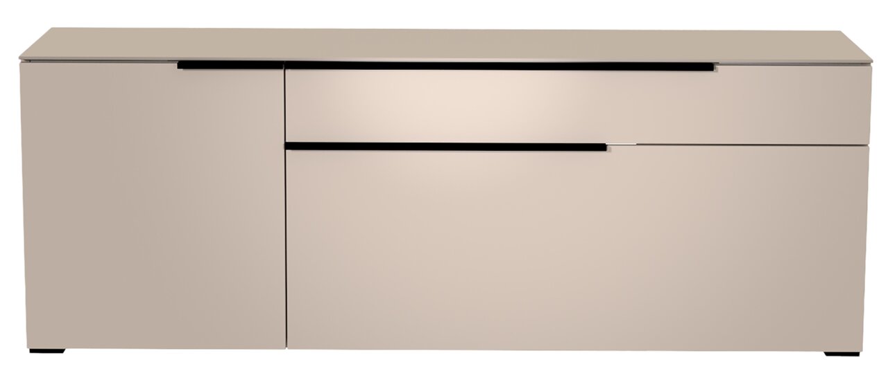 Modernes TV-Lowboard in Beige mit minimalistischen Linien, Frontalansicht