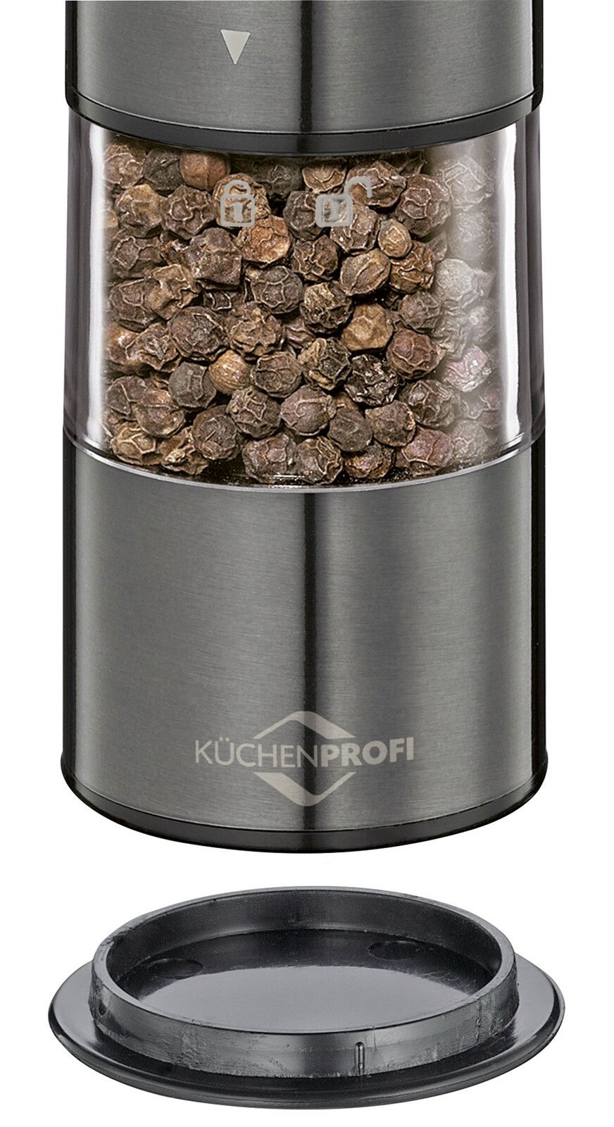 Nahaufnahme einer Pfeffermühle aus Edelstahl mit transparentem Behälter, gefüllt mit Pfefferkörnern, und abnehmbarem Deckel.