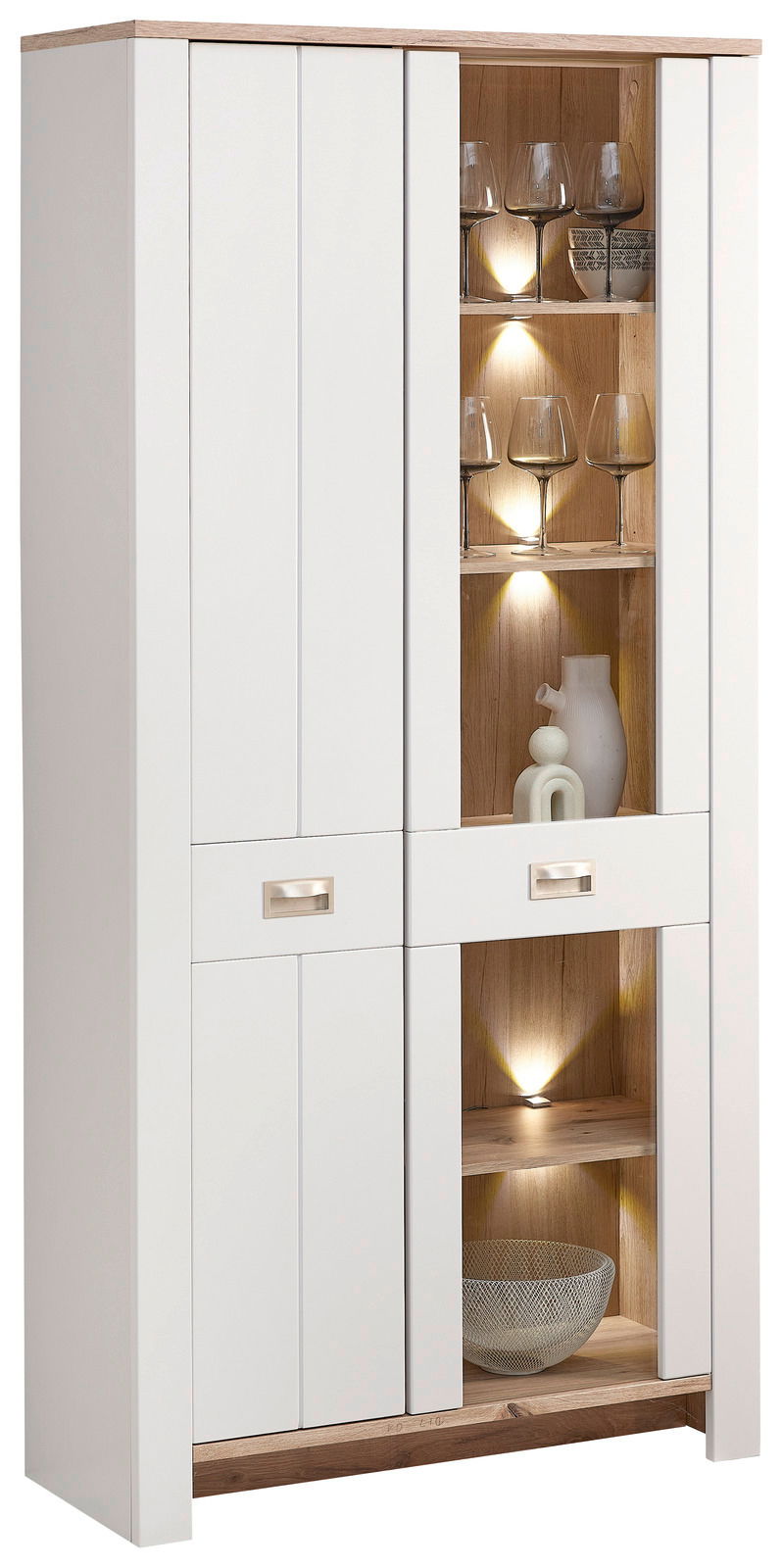 Moderne Vitrine in Weiß mit Holzdetails, Glastüren und integrierter Beleuchtung, frontal betrachtet.