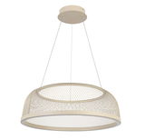 Moderne LED-Hängeleuchte mit rundem, gitterförmigem Schirm, seitliche Perspektive