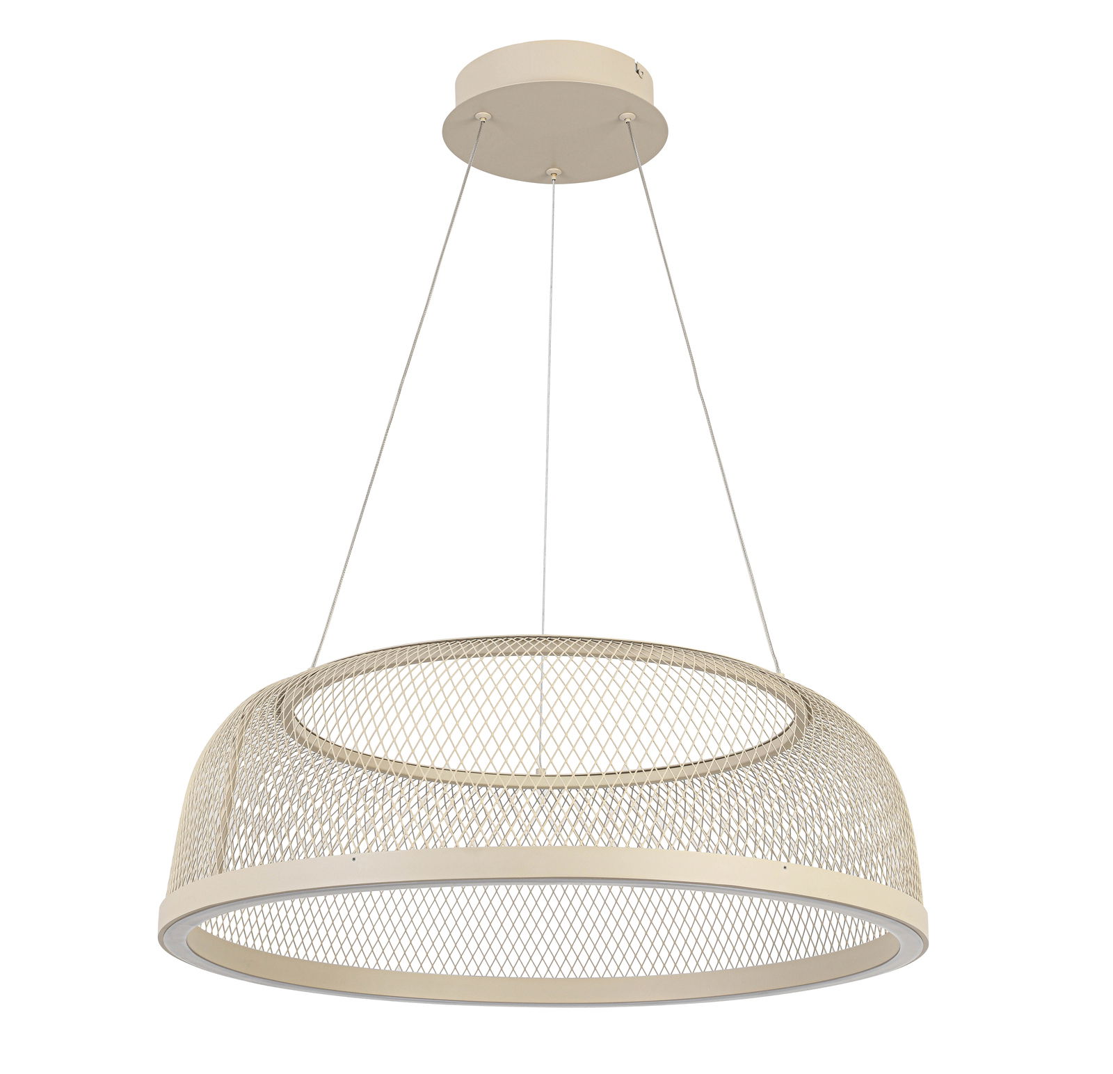 Novel LED-Hängeleuchte Moderne LED-Hängeleuchte mit rundem, gitterförmigem Schirm, seitliche Perspektive