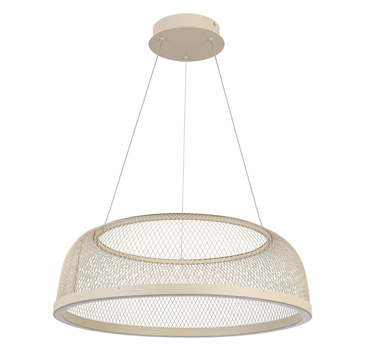 Moderne LED-hanglamp met een ronde, roostervormige kap, gezien vanaf de zijkant
