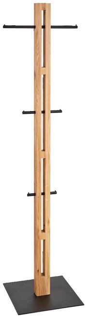 Moderne kledingstandaard van hout met een zwart metalen frame, afgebeeld van voren.