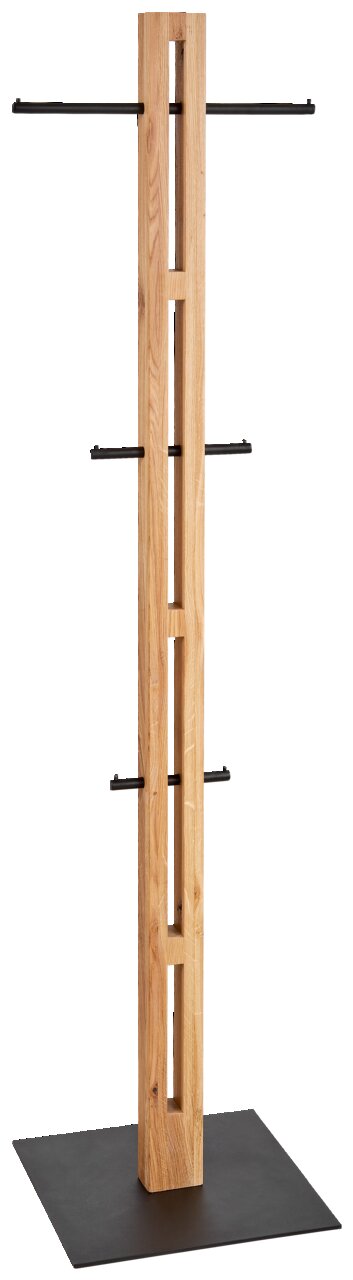 Moderne kledingstandaard van hout met een zwart metalen frame, afgebeeld van voren.