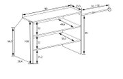 Technische Maßzeichnung eines wandmontierten Regals mit zwei Ablagen und seitlicher Stütze, Maße u. a. 90 cm Breite und 85 cm Höhe, dargestellt in schräger Perspektive von vorne rechts.