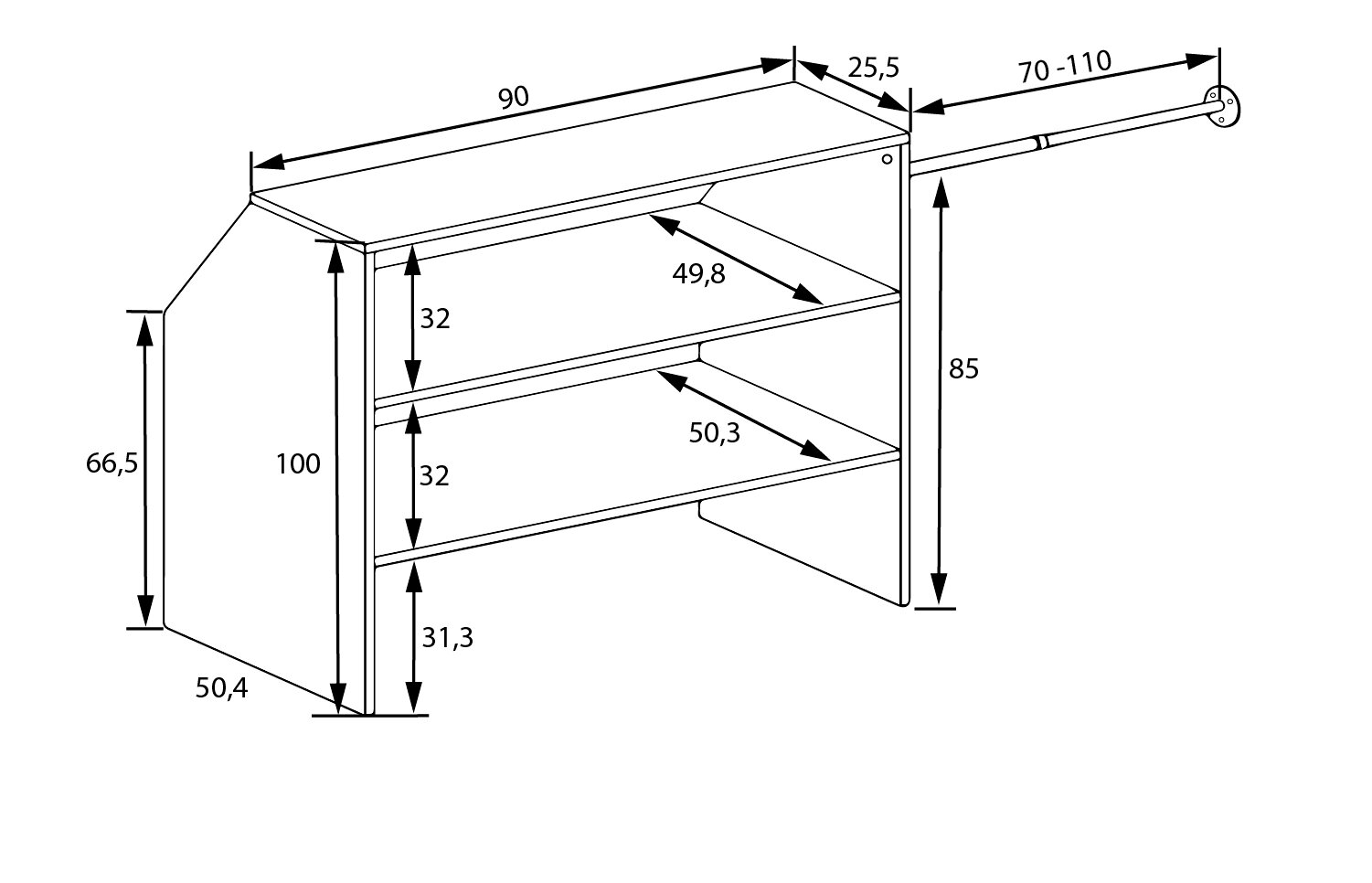 Technische Maßzeichnung eines wandmontierten Regals mit zwei Ablagen und seitlicher Stütze, Maße u. a. 90 cm Breite und 85 cm Höhe, dargestellt in schräger Perspektive von vorne rechts.