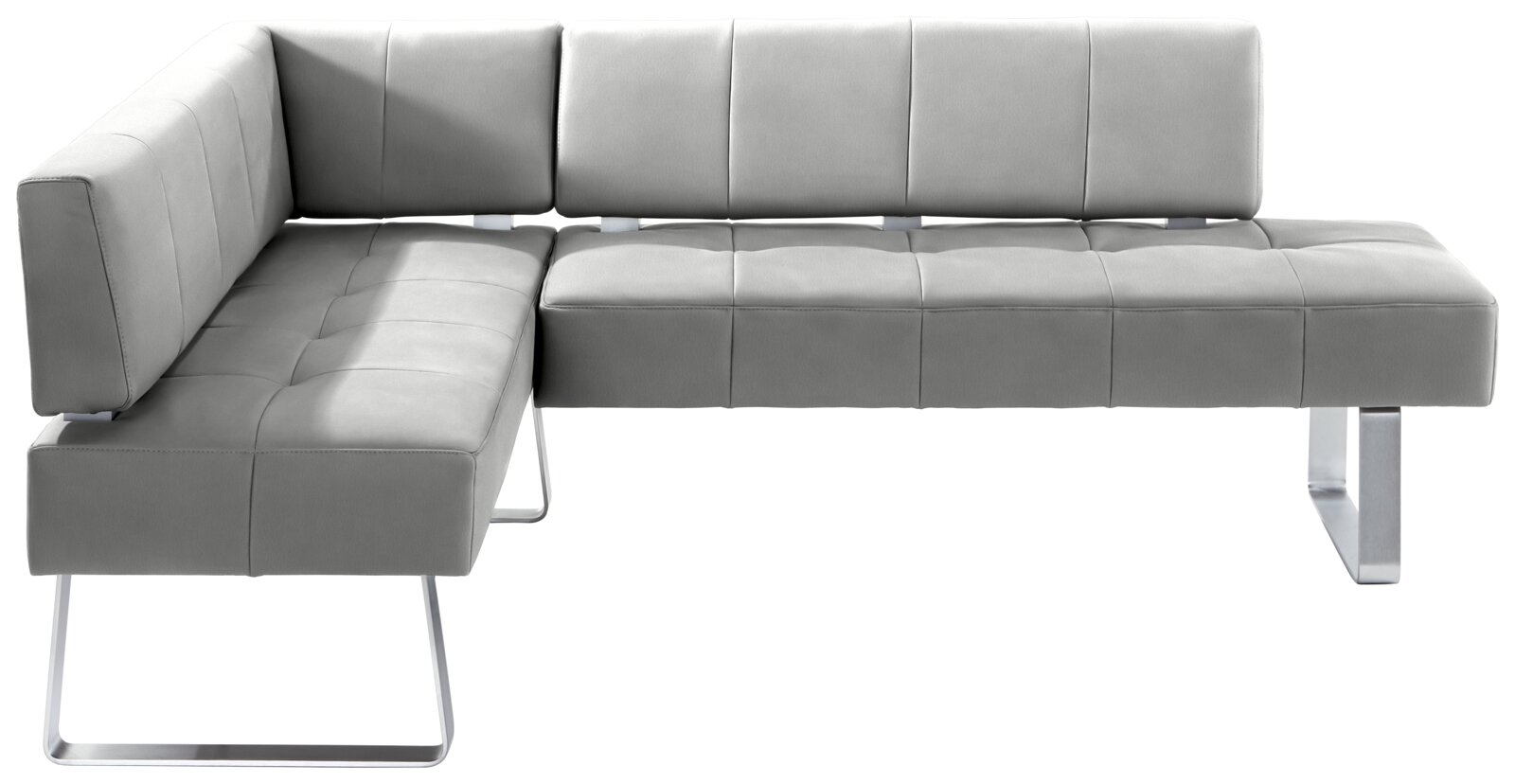 Graue Eckbank mit modernem Design und Metallbeinen, Perspektive von vorne