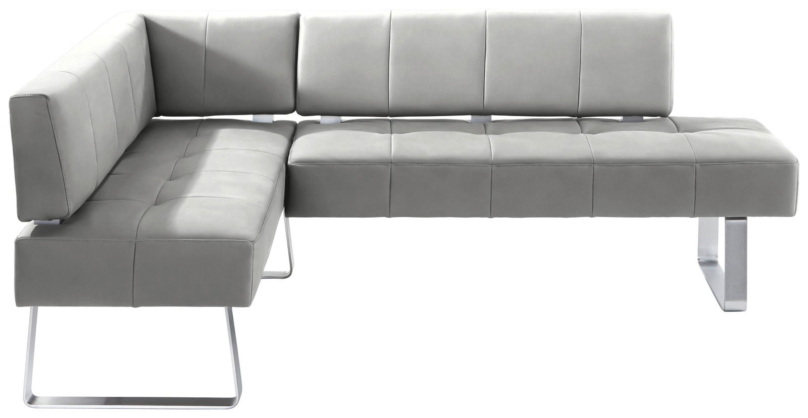 Graue Eckbank mit modernem Design und Metallbeinen, Perspektive von vorne
