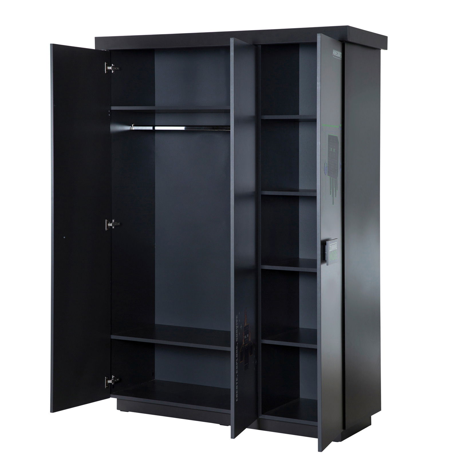 Schwarzer dreitüriger Kleiderschrank mit geöffneter Tür, zeigt Innenraum mit Kleiderstange und Regalböden, Perspektive von vorne.