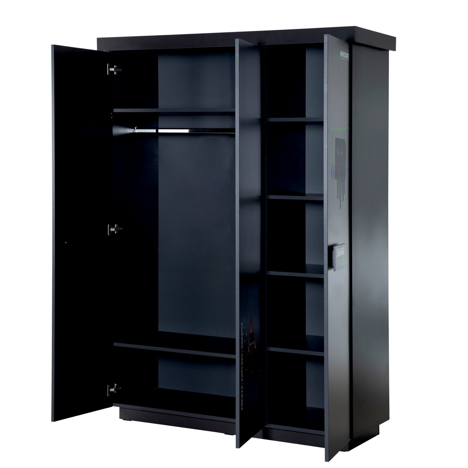Schwarzer dreitüriger Kleiderschrank mit geöffneter Tür, zeigt Innenraum mit Kleiderstange und Regalböden, Perspektive von vorne.