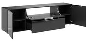 Schwarzes TV-Lowboard mit offenen Türen und Schubladen, Frontansicht