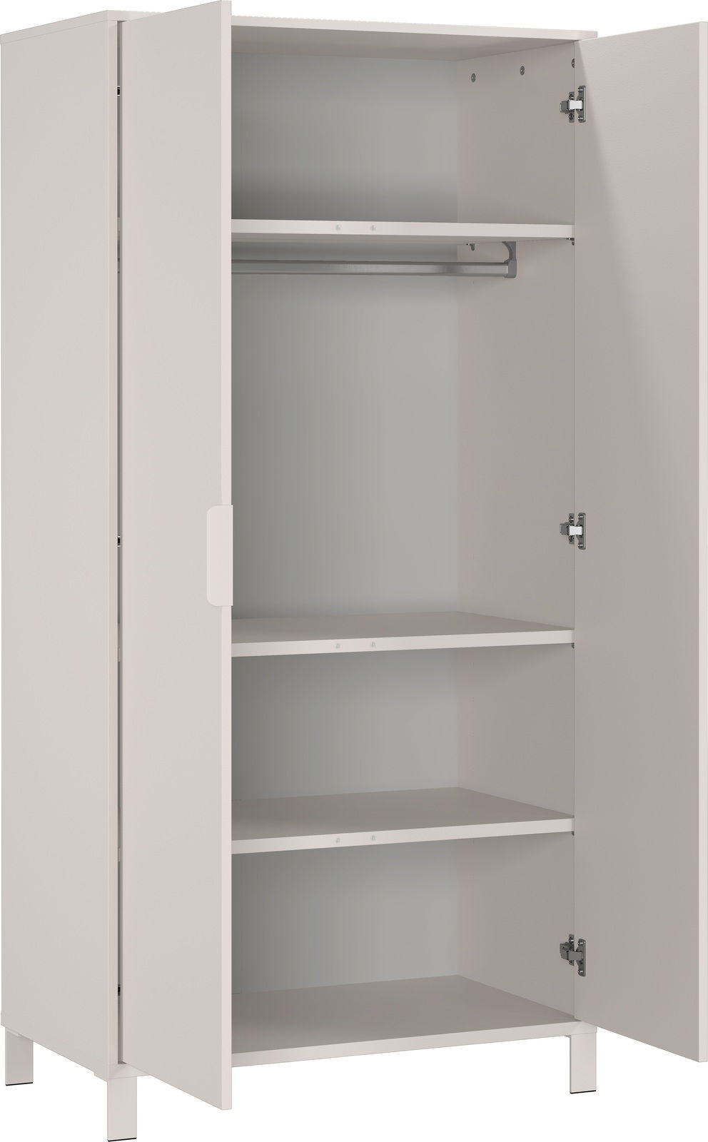 Offener Kleiderschrank mit zwei Türen, drei Regalböden und einer Kleiderstange, seitliche Perspektive