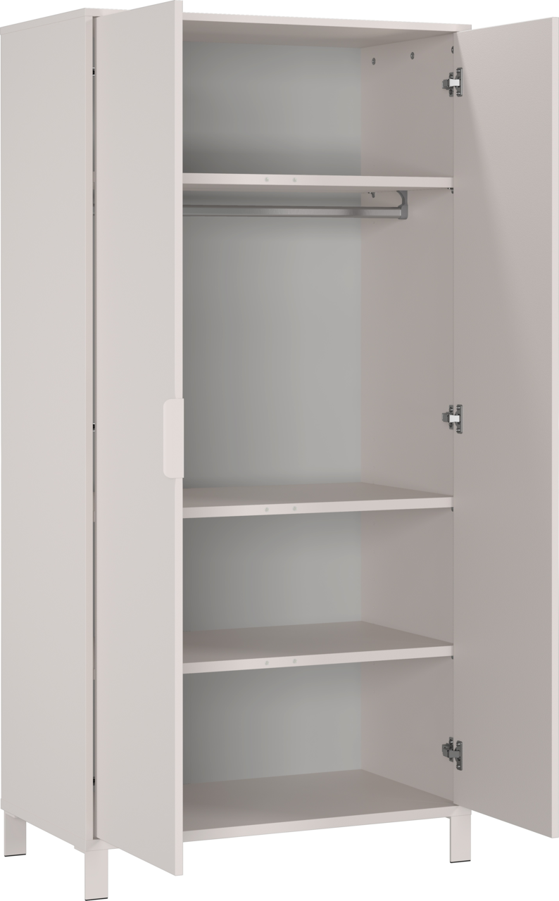 Offener Kleiderschrank mit zwei Türen, drei Regalböden und einer Kleiderstange, seitliche Perspektive
